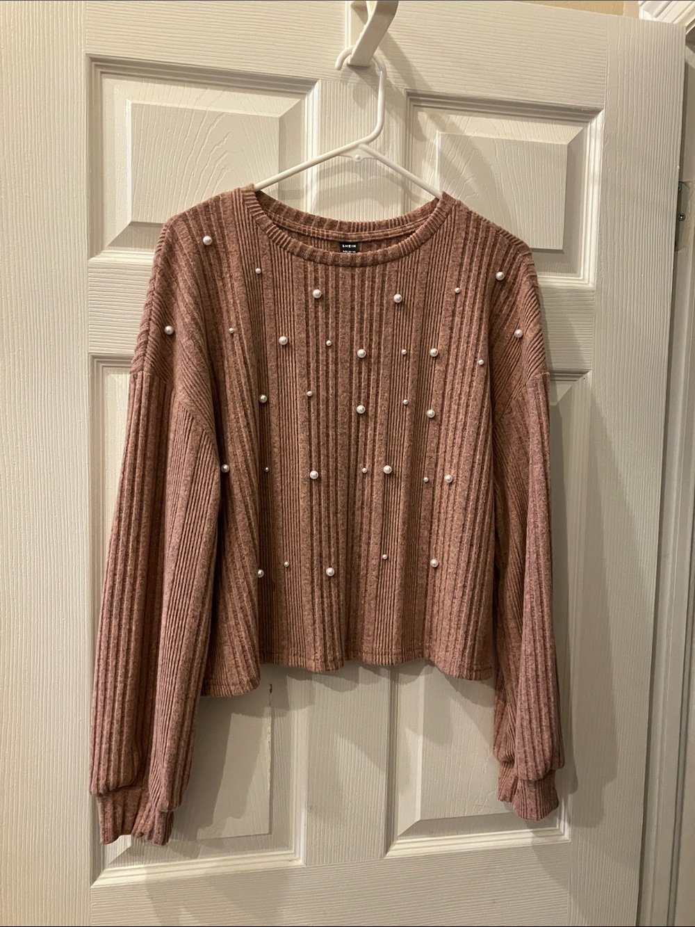 SHEIN Rose Pink Pearl-Accent Ribbed Crew Neck Sweater